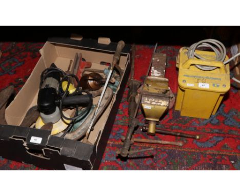 A collection of tools to include Paramo vice, sash cramps, isolating transformer etc.
