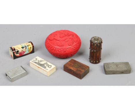 A group lot to include snuff boxes, trinket box, match strike box etc,