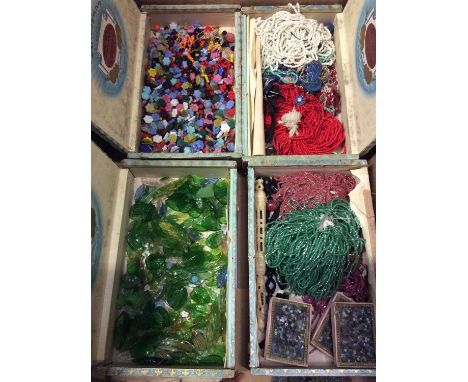 Collection of vintage micro beads, glass beads, green glass leaves, paste set buckles, antique jewellery parts and bijouterie