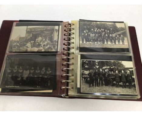 Postcards in album mainly real photographic including Steam lorry, Long Melford Fire Brigade, other fire crews, Town Crier Al