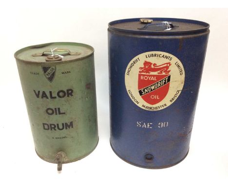 Vintage metal Valour oil drum and one other for Royal Snowdrift oil (2)
