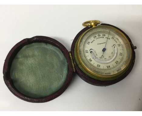 Early 20th century brass pocket barometer, with silvered dial, 4.5cm diameter in leather case