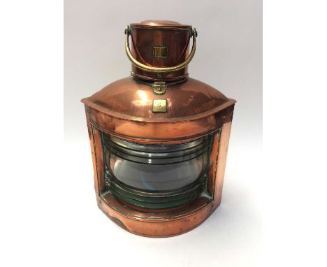 Antique copper ships mast head lamp, marked S for Starboard and numbered 2143, 38.5cm in height