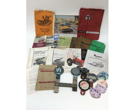 Three vintage car badges, RAC, British Field Sports Society and Old Culfordians Motor Club, collection of 13 tax discs 1950s-