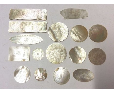 Group of Chinese carved mother of pearl gaming counters (16 pieces)