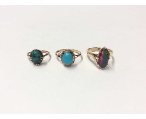 9ct gold turquoise stone ring in four claw setting, size G, 9ct gold oval turquoise cabochon ring, size P½ and yellow metal o