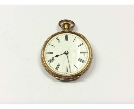 18ct gold cased fob watch with white enamel dial and Roman numeral markers, glass face not present, within an 18ct gold case 