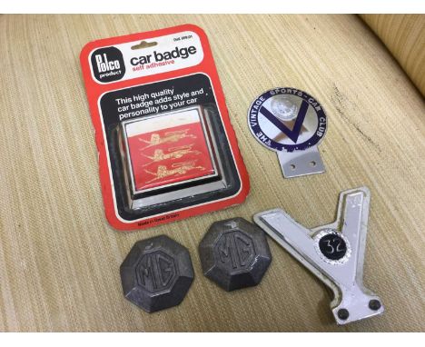 Vintage Sports Car Club members badge together with two MG badges and two other car badges (5)