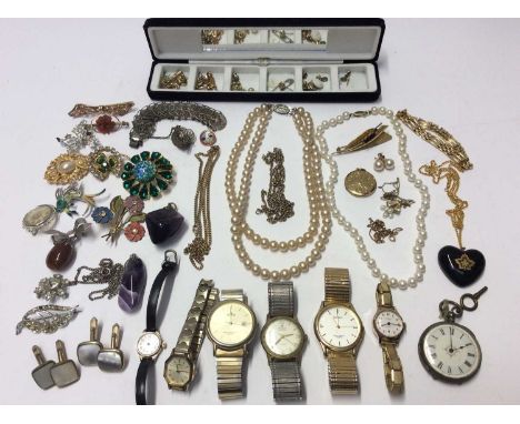 Vintage costume jewellery and bijouterie to include silver pocket watch, other vintage wristwatches, gold plated jewellery an