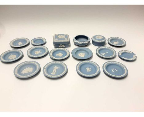 Selection of Wedgwood Jasperware including trinket boxes and dishes depicting signs of the zodiac 