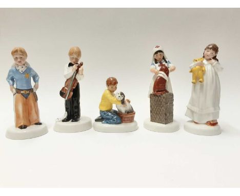 Five Royal Doulton Childhood Days figures - Please Keep Still HN2967, I'm Nearly Ready HN2976, Stick 'Em Up HN2981, And So To
