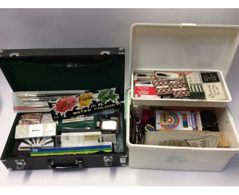 Two work boxes containing a quantity of Calligraphy items including nibs, inks, dip pens, instructions, tools and other items