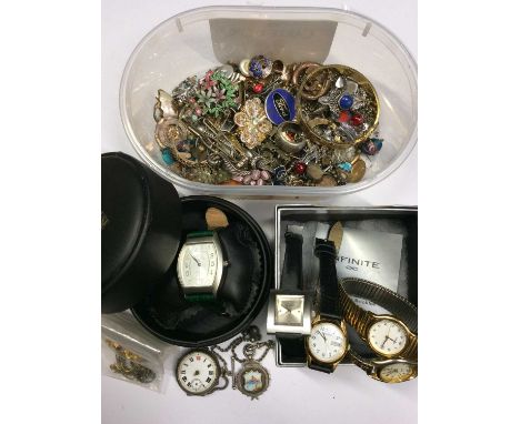 Group of various wristwatches, silver cased watch, silver and enamel fob and silver fob chain, other costume jewellery and je