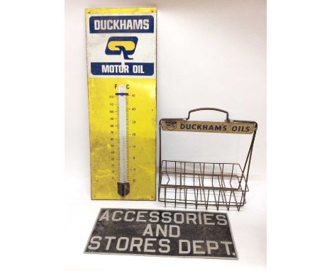Duckhams motor oil thermometer, oil crate, and stores sign (3)Condition report: The Duckhams sign is 92 x 33cm overall. The s