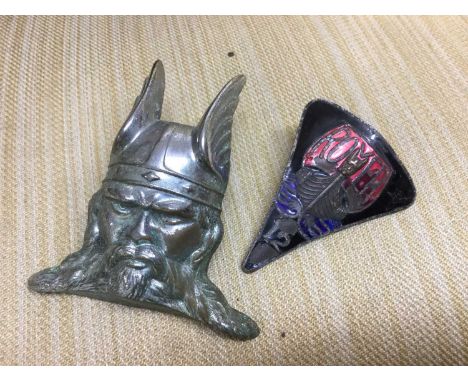 Rover Viking head mascot, together with an enamel Rover 12 badge (2)