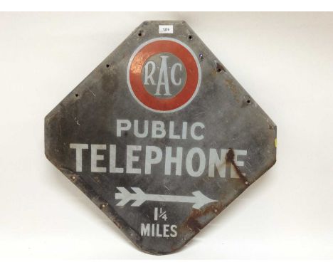 Vintage RAC 'Public Telephone 1 1/4 Miles' double sided enamel sign, 65 x 65 cm overall