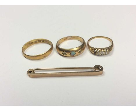 22ct gold wedding ring, size Q, 18ct gold diamond set ring, size J½, 18ct gold opal and diamond ring, size O½ and 9ct gold ba
