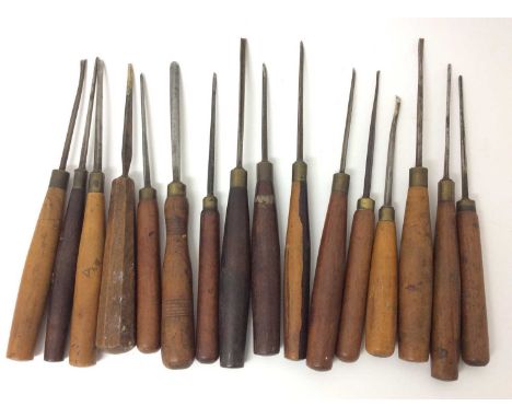 Collection of antique woodworking chisels and tools, some marked 'Prize medal', Addis and others