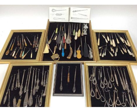 An interesting collection of Victorian and later button hooks, to include silver, bone and mother of pearl handled examples. 