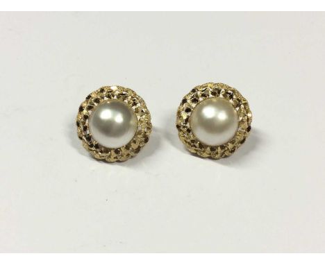 Pair 9ct gold mounted mabé pearl earrings, each with a large cultured mabé pearl measuring approximately 12mm diameter in 9ct
