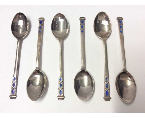 Set of six Liberty &amp; Co silver coffee spoons with blue enamel decoration. Conronation Commemorative hallmarks, Birmingham