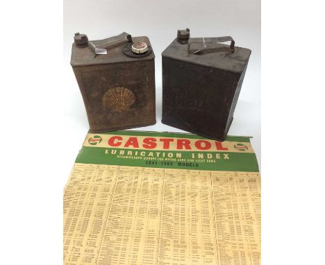 Vintage Shell fuel can, together with a Pratts fuel can and a 1960's Castrol Lubrication chart (3)