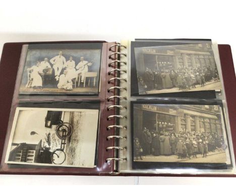 Postcards in album many Essex cards including real photographic street scenes, shop fronts, ice cream seller, large queue of 