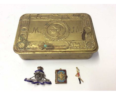 WWI Princess Mary gift tin containing 9ct gold and enamel Life Guardsman charm, Commemorative photo book charm and Royal Arti