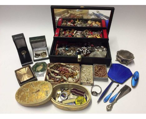 Quantity costume jewellery, silver and blue enamel dressing table items, vintage silver cased wristwatch, WWI medal and bijou