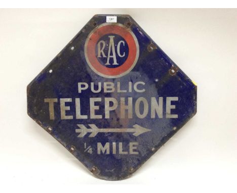 Vintage RAC 'Public Telephone 1/4 Mile' with right directional arrow, double sided enamel sign, 65 x 65 cm overall
