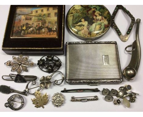 Group silver and white metal brooches, cigarette case, compact and other bijouterie including a bosun’s whistle