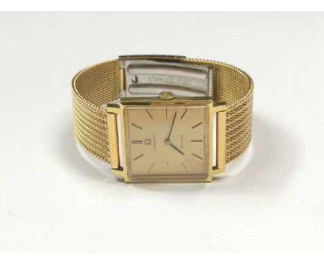 Omega De Ville gold plated wristwatch, the gold coloured square dial with baton markers and Swiss 17 jewels movement numbered