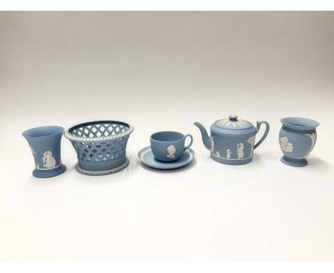 Selection of Wedgwood Jasperware including oval trinket box and cover, cups and saucers, vases, teapot etc three Wedwood figu