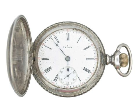 ELGIN - A sterling silver cased keyless wind full hunter lever pocket watch. The signed white enamel dial with Roman numerals