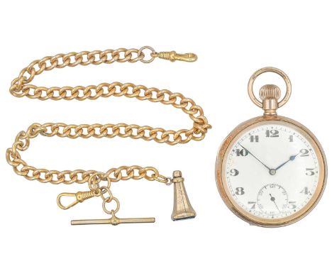 A gold-plated keyless wind lever pocket watch with a rolled gold Albert watch chain. The white enamel dial with black Breguet