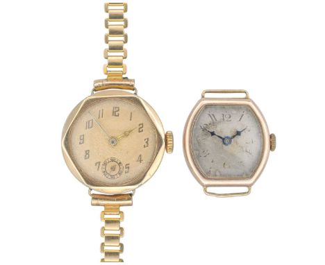Two Art Deco 9k cased lady's manual wind wristwatches. One with silvered dial with Breguet numerals, 15 jewel Buren movement,