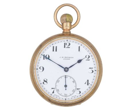 J. W. BENSON - A 9ct rose gold open-face keyless wind pocket watch. The signed white enamel dial with Breguet numerals and ou