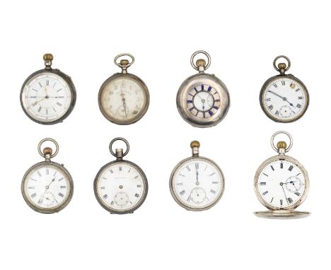 A collection of eight silver or white metal cased keyless wind pocket watches for repair or spares. With lever movements, one