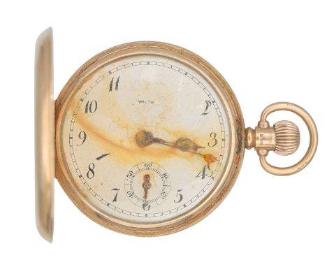 WALTHAM - A 'Traveler' 9k full hunter keyless wind pocket watch for repair or spares. The signed white dial with black Bregue