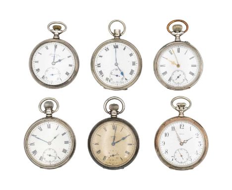 A selection of six silver cased Swiss open face keyless wind pocket watches, including Omega. The Omega with .800 silver bi-c