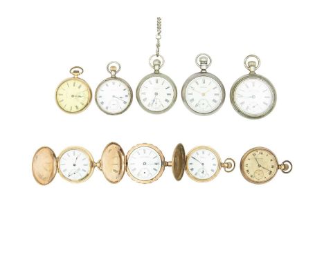 A collection of American keyless wind lever pocket watches for repairs or spares. By Elgin and Waltham, in nickel or gold-pla