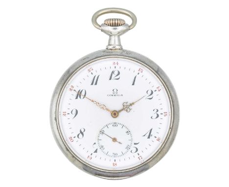 OMEGA - A silver cased keyless wind open face lever pocket watch. Circa 1912, the signed white dial with black Breguet numera