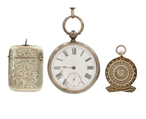 A silver key wind pocket watch, silver Albert, nickel vesta case fob and silver darts fob. The J. W. Benson examined pocket w