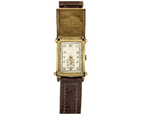 RECTA - A rare 18k Art Deco 'Hunting' or concealed dial wristwatch. The rectangular silvered dial with applied gilt Breguet n