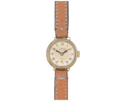 A 1950's 9k lady's manual wind wristwatch. The silvered dial signed LANCET 17 JEWELS, with gilt Arabic numerals and subsidiar