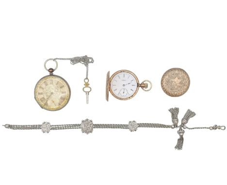 A Swiss silver cased key wind pocket watch, an Elgin gold-plated pocket watch and a silver Albertine. The silver cased watch 