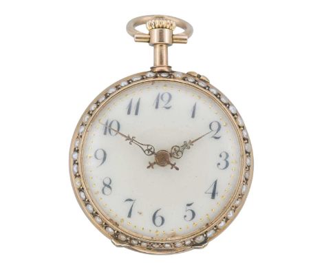 A Swiss 14k rose gold pearl and pink sapphire pave set keyless wind fob pocket watch. The white enamel dial with black Bregue