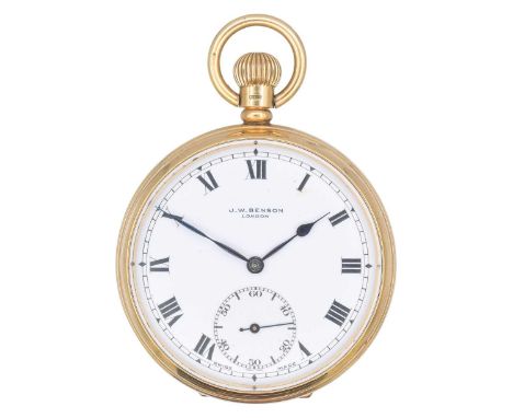 J W BENSON - A 9k gold keyless wind lever pocket watch The signed white enamel dial with Roman numerals and subsidiary second