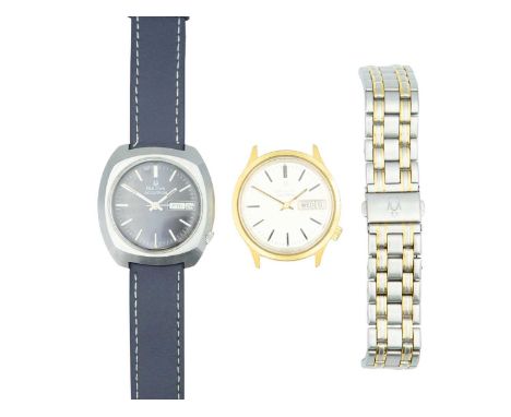 BULOVA - Two Accutron gentlemen's calendar wristwatches. One in stainless steel with black dial, 40mm, the other gold-plated 