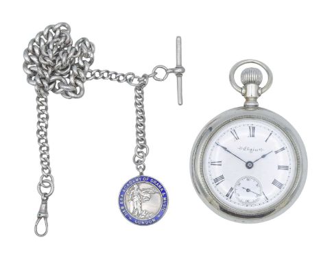 ELGIN - A silveroid case keyless wind pocket watch with silver graduated Albert watch chain. The signed white enamel dial wit